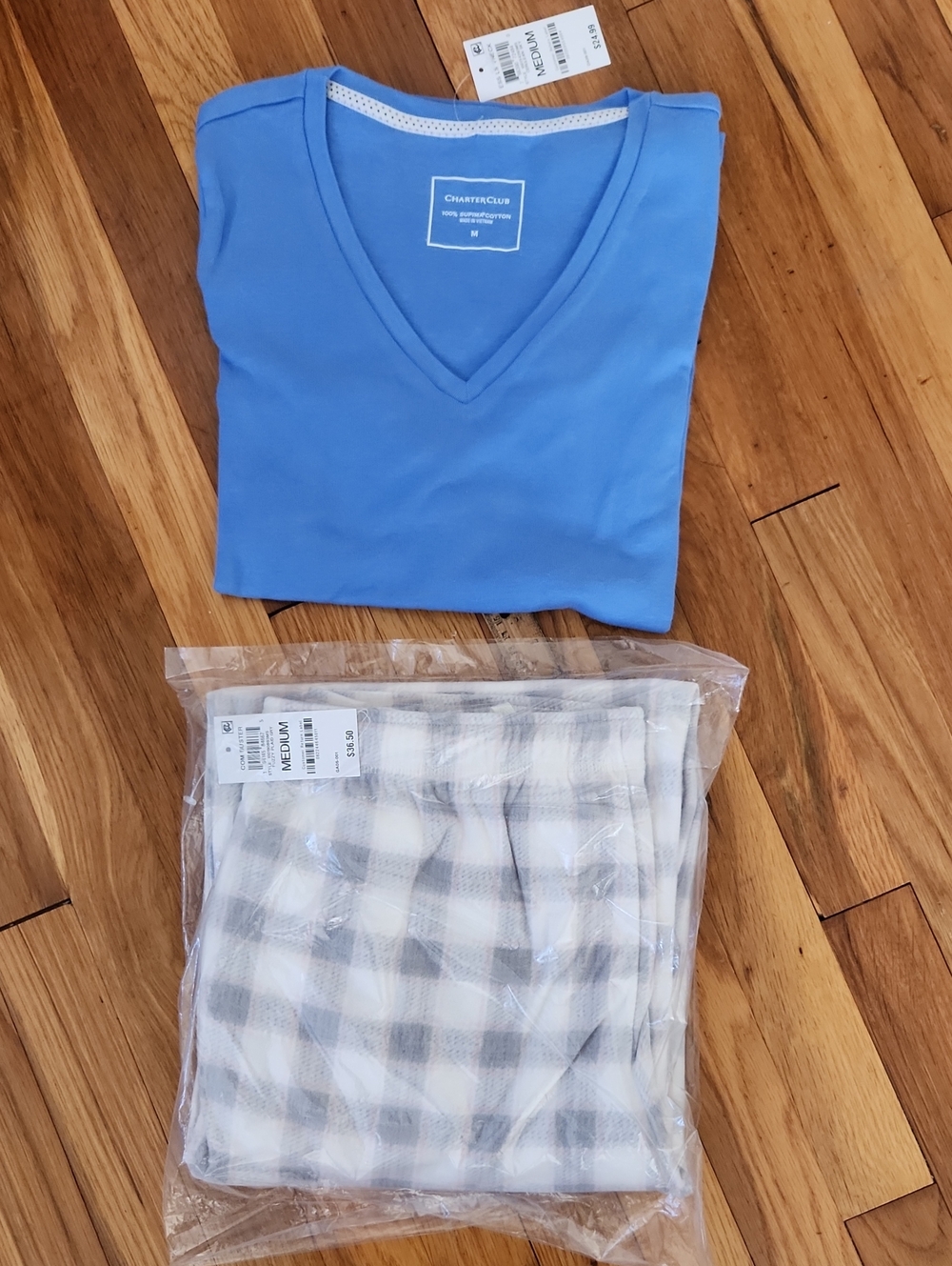 Charter Club Misses Blue LS Pajama Top & Grey Plaid Bottoms NWT Size Medium